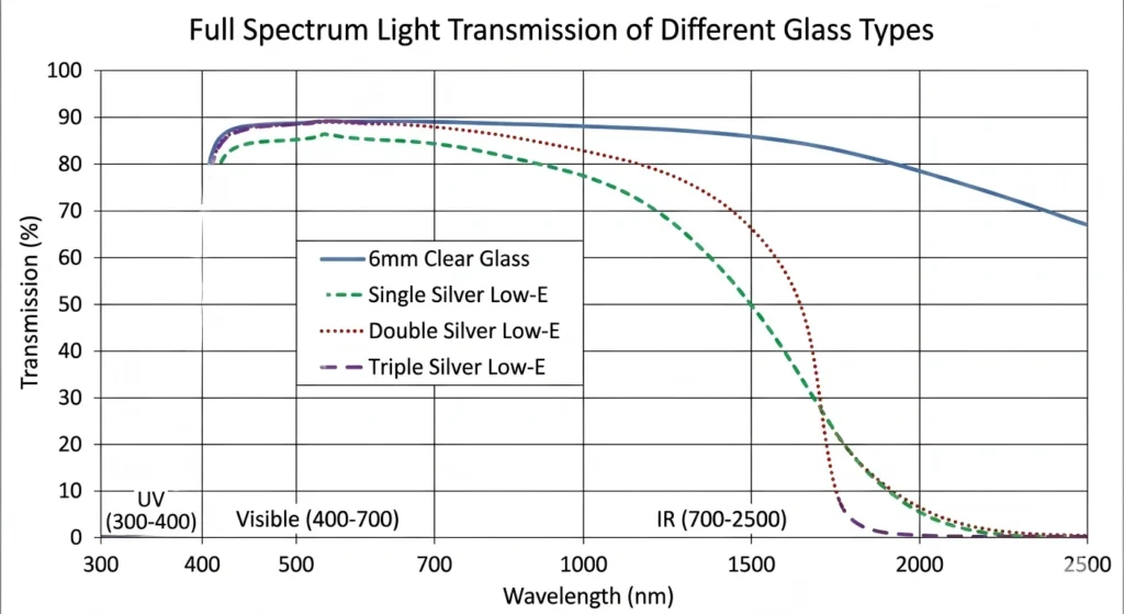 Spectral Transmission Curves for single, double, triple silver low e